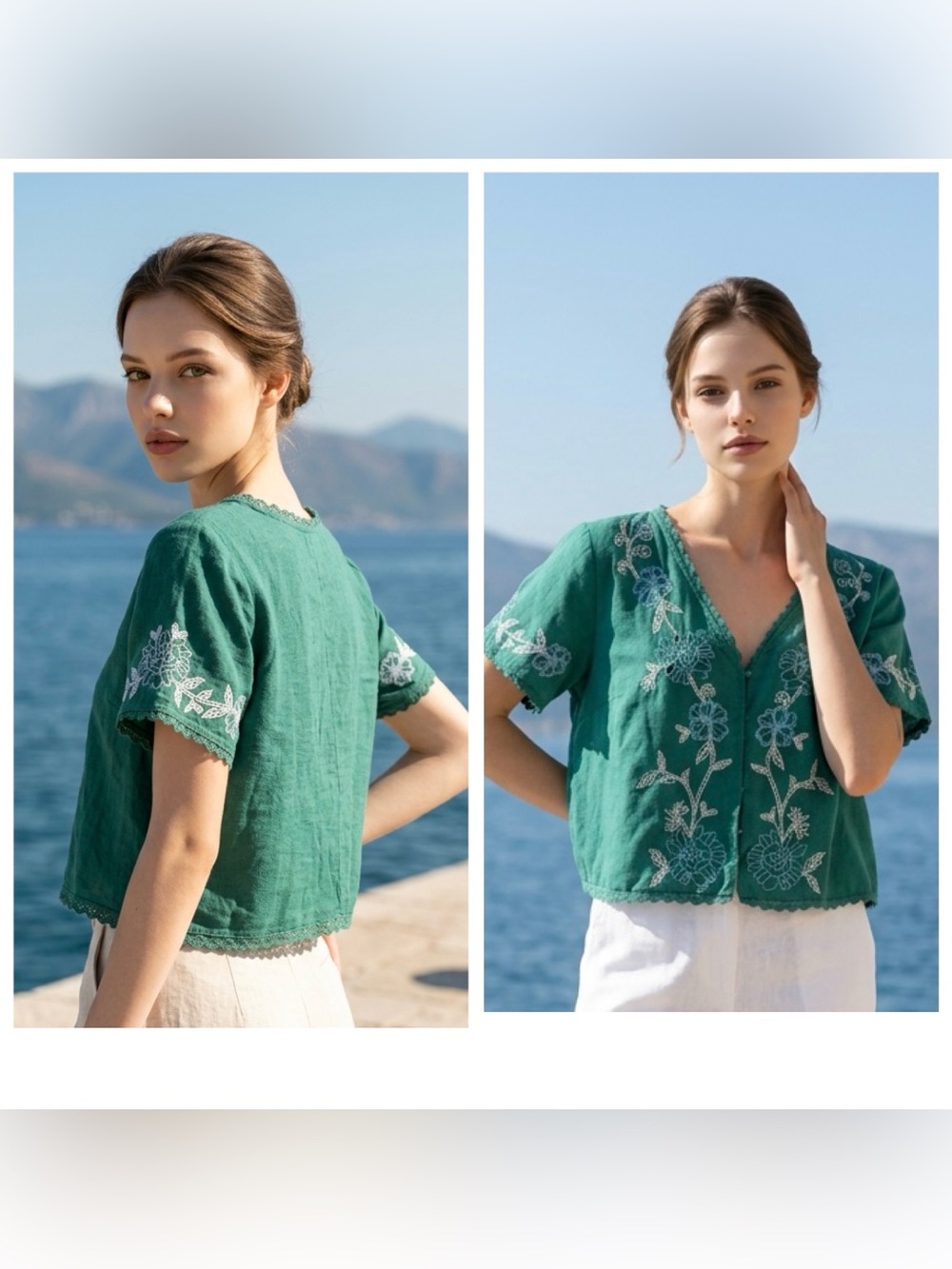 Universal Thread Women's Sz M Linen blend Short Sleeve Cutwork V-Neck Top green - Picture 2 of 9